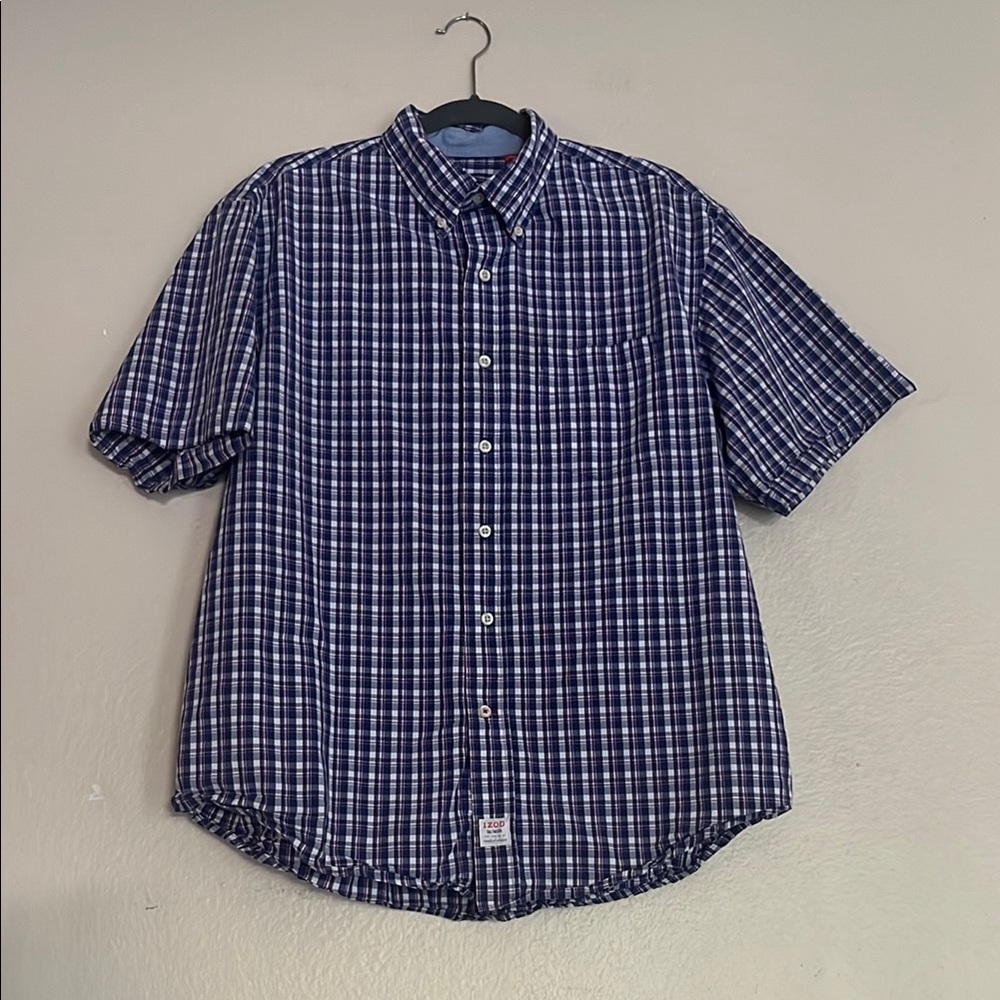Izod Navy and White Plaid Button Down Shirt, 100% Cotton, Size Large